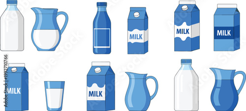 Set of Milk Bottles, Cartons, and Glasses in Various Designs for Dairy, Beverage, and Food Illustrations