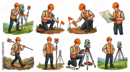 Professional Land Surveyor Illustrations Set Featuring Civil Engineers with Total Stations, GPS Poles, and Mapping Tools for Construction and Engineering Projects