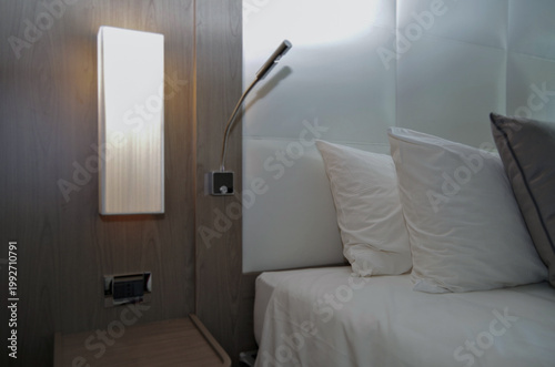 Luxurious ocean view or oceanview or outside or exterior cabin on luxury yacht cruiseship or cruise ship liner in modern interior design