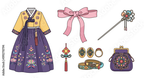 Traditional Korean Hanbok Outfit and Accessories Set