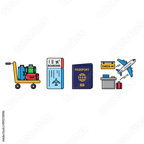 Travel Icons: Luggage, Boarding Pass, Passport, Check-in Counter, Airplane