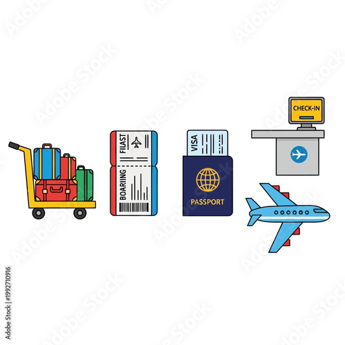 Travel Icons: Airplane, Passport, Boarding Pass, Luggage Cart, Check-in Counter