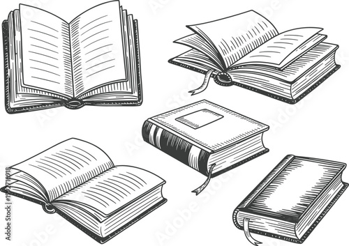 Hand drawn book collection set, vintage sketch illustration of open and closed books