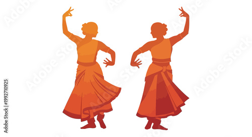 Two Indian dancers performing classical dance with colorful costumes and expressive gestures.