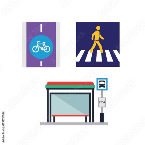 Urban transportation icons: bicycle lane, crosswalk, and bus stop shelter