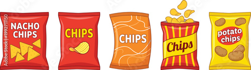 Potato Chips and Nacho Snack Packaging Set Vector Illustration with Various Bag Designs and Crispy Chips for Food Branding, Advertising, and Product Label Graphics