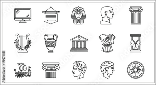 Ancient Greece line icons set mythology architecture artifacts history symbols vector illustration classical culture collection