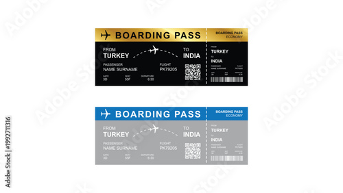 Boarding Pass Ticket Template Set Airline Travel Pass Design with QR Code Flight Details Vector Layout