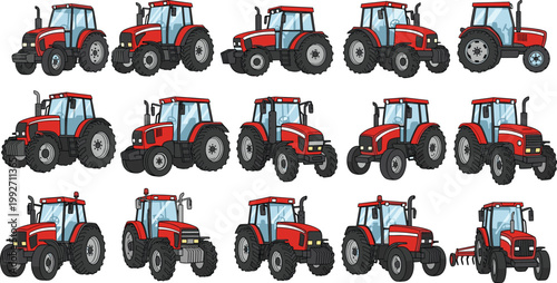 Set of Red Tractor Illustrations in Various Angles and Designs for Farming, Agriculture, and Vehicle Illustrations