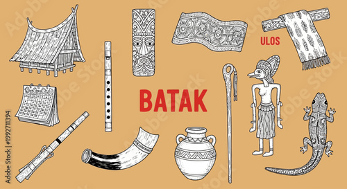 Set Icon Traditional Batak Cultural Heritage Items Display.