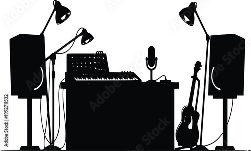 Modern flat design music studio workstation vector illustration with synthesizer speakers and guitar on white background