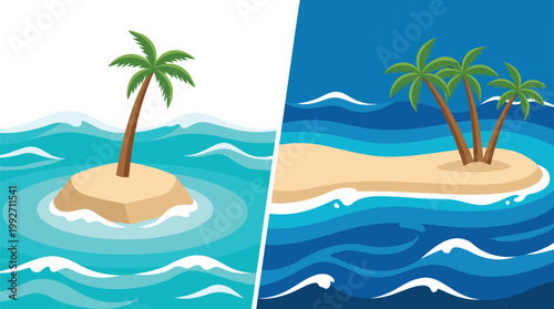 Tropical Island Illustration Set with Palm Trees and Ocean Waves for Summer Vacation, Beach Travel Concepts, Seaside Landscapes, and Coastal Nature Designs