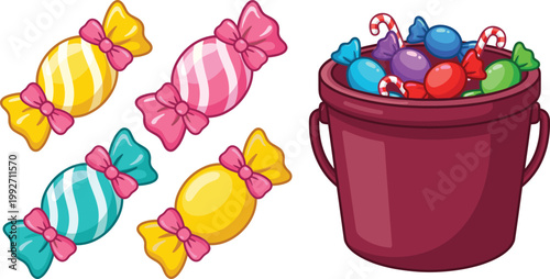 Colorful Candy Collection with Wrapped Sweets and Candy Bucket Illustration for Halloween Treats, Kids Party Designs, Sugar Confectionery Graphics, and Festive Snack Concepts