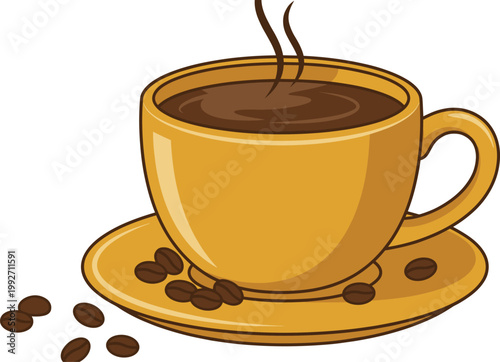 Hot Coffee Cup Illustration with Steam and Coffee Beans on Saucer for Cafe Branding, Morning Beverage Concepts, and Cozy Drink Graphics