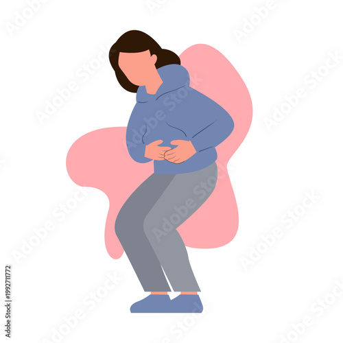Woman suffering stomach pain abdominal cramp digestive problem flat vector illustration