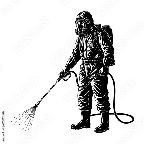 Professional pest control worker in protective hazmat suit spraying disinfectant outdoors