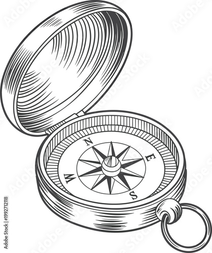 Hand drawn compass illustration, vintage navigation tool sketch for adventure and travel design