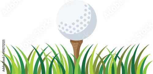 Golf Ball on Tee in Grass Illustration with Minimal Flat Design for Sports Concepts, Outdoor Recreation, Golf Course Graphics, and Leisure Activity Branding