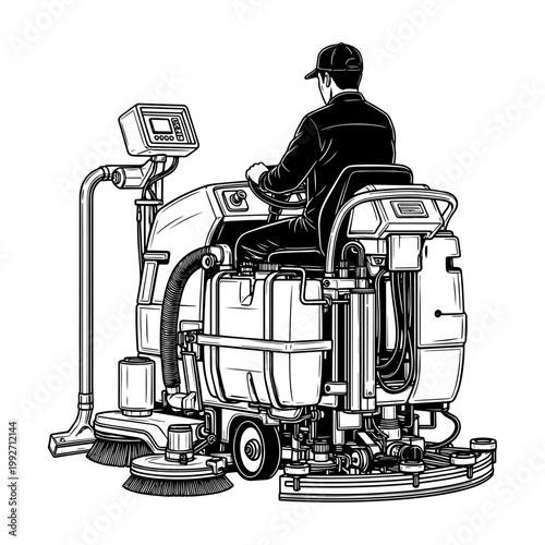 Professional worker operating industrial floor scrubber machine in modern facility for cleaning services