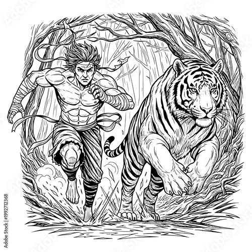 Ancient warrior confronting mystical tiger in jungle cave sketch illustration