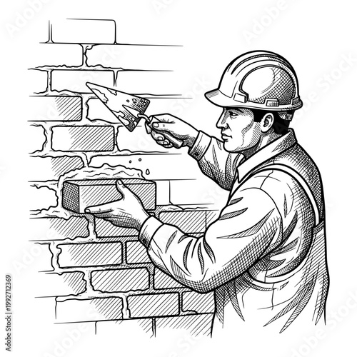Construction worker building brick wall with trowel in black and white illustration