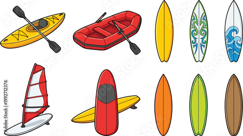 Water Sports Equipment Icon Set with Surfboards, Kayak, Paddle Boat, and Windsurf Board Illustrations for Summer Beach Activities and Ocean Adventure Designs