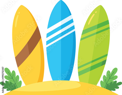 Colorful Surfboards on Sandy Beach Illustration with Tropical Elements for Summer Vacation, Ocean Sports, Coastal Lifestyle, and Seaside Travel Design