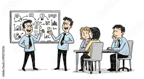 Energetic presenter explains complex business strategy with flowcharts and graphs on whiteboard to attentive and bored colleagues in a modern office setting.
