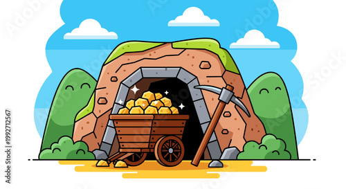Rich vein of gold nuggets piled high in a wooden mine cart next to a pickaxe outside a cavern entrance, set against a vibrant blue sky with fluffy clouds and cheerful green hills.