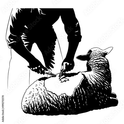 shearing a sheep on a grassy hillside during hand hand-drawn monochrome illustration