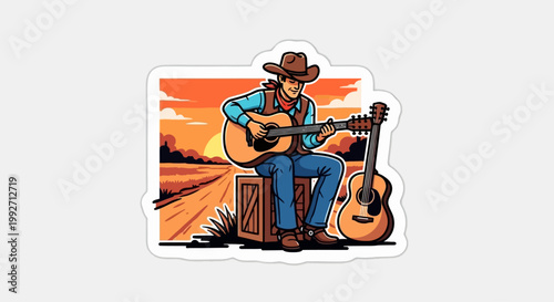 Cowboy playing acoustic guitar in a country landscape at sunset vector illustration