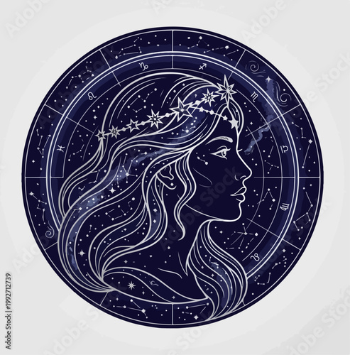 Celestial Maiden Zodiac Sign Virgo Astrology Illustration.