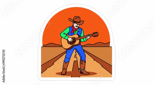 Cowboy plays guitar on a road in the desert at sunset.