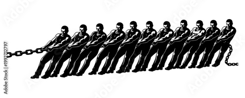 Silhouette row of diverse business professionals linked by chain in minimalist black and white composition