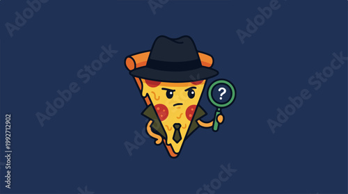 Detective Pizza Character Holding Magnifying Glass.