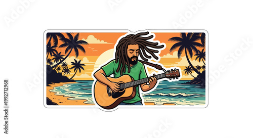 Man with dreadlocks playing acoustic guitar on a tropical beach at sunset sticker illustration
