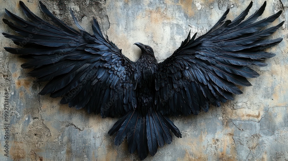 Fototapeta premium majestic black raven with outstretched layered feathers mounted as a winged sculpture on a weathered concrete wall, dramatic mysterious and powerful