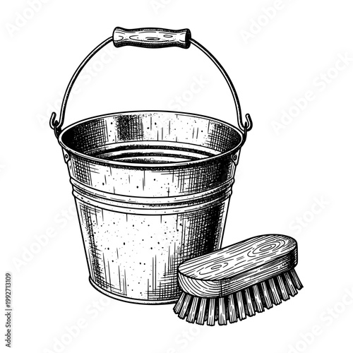 Vintage wooden bucket and scrub brush illustration for cleaning and household chores