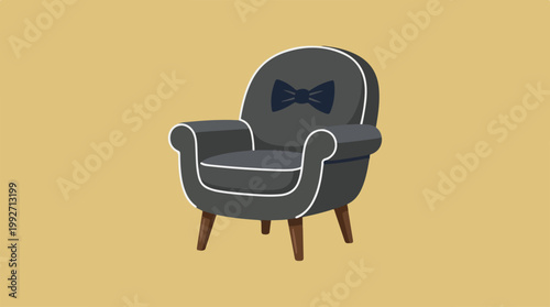 Stylish Gray Armchair with Bow Tie Design on a Plain Background.