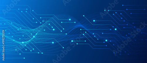 Hi tech circuit board blue quantum computer motherboard background