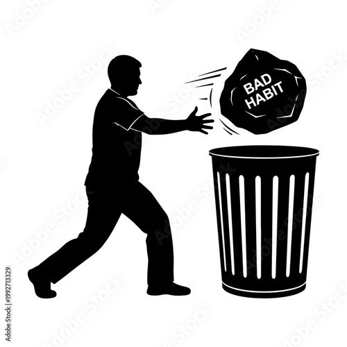 Business professional discarding bad habits into trash bin with negative behavior concept