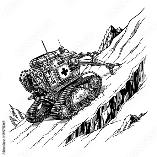 Military tank climbing steep concrete obstacle in action sketch illustration