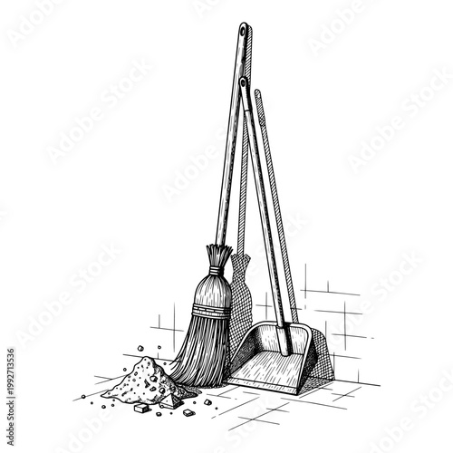 hand-drawn vintage broom and dustpan sketch with scattered debris on white background