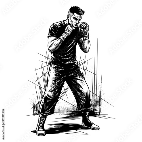 Man in casual clothes breaking free from tangled strings in dramatic black and white illustration