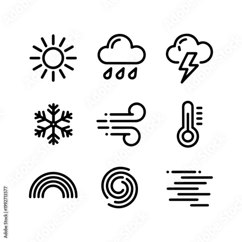 Minimalist weather icon set, 9 black line vector symbols for meteorology, modern outline weather forecast elements for mobile apps and web design