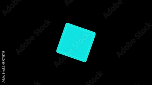 Abstract 2D motion graphic loop: dynamic, glowing rectangular polygon, translucent and glass-like, filled with vibrant electric cyan, with Transparent Alpha Channel.