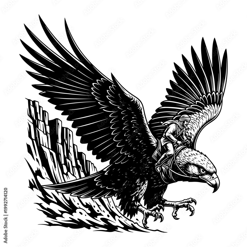 Fototapeta premium Majestic bald eagle in dynamic flight with outstretched wings, black and white sketch illustration