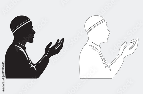 black vector silhouette of a young boy in a sincere posture of prayer or meditation, featuring a respectful profile with bowed head and clasped hands.