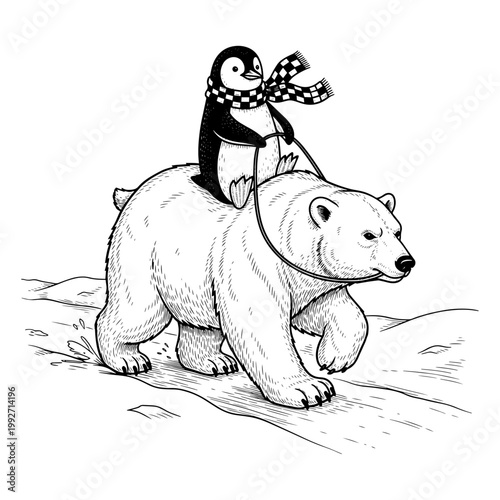 Cute penguin riding polar bear on snowy ice illustration for winter and wildlife themes