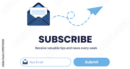Email subscription form with paper airplane sending messages against white background